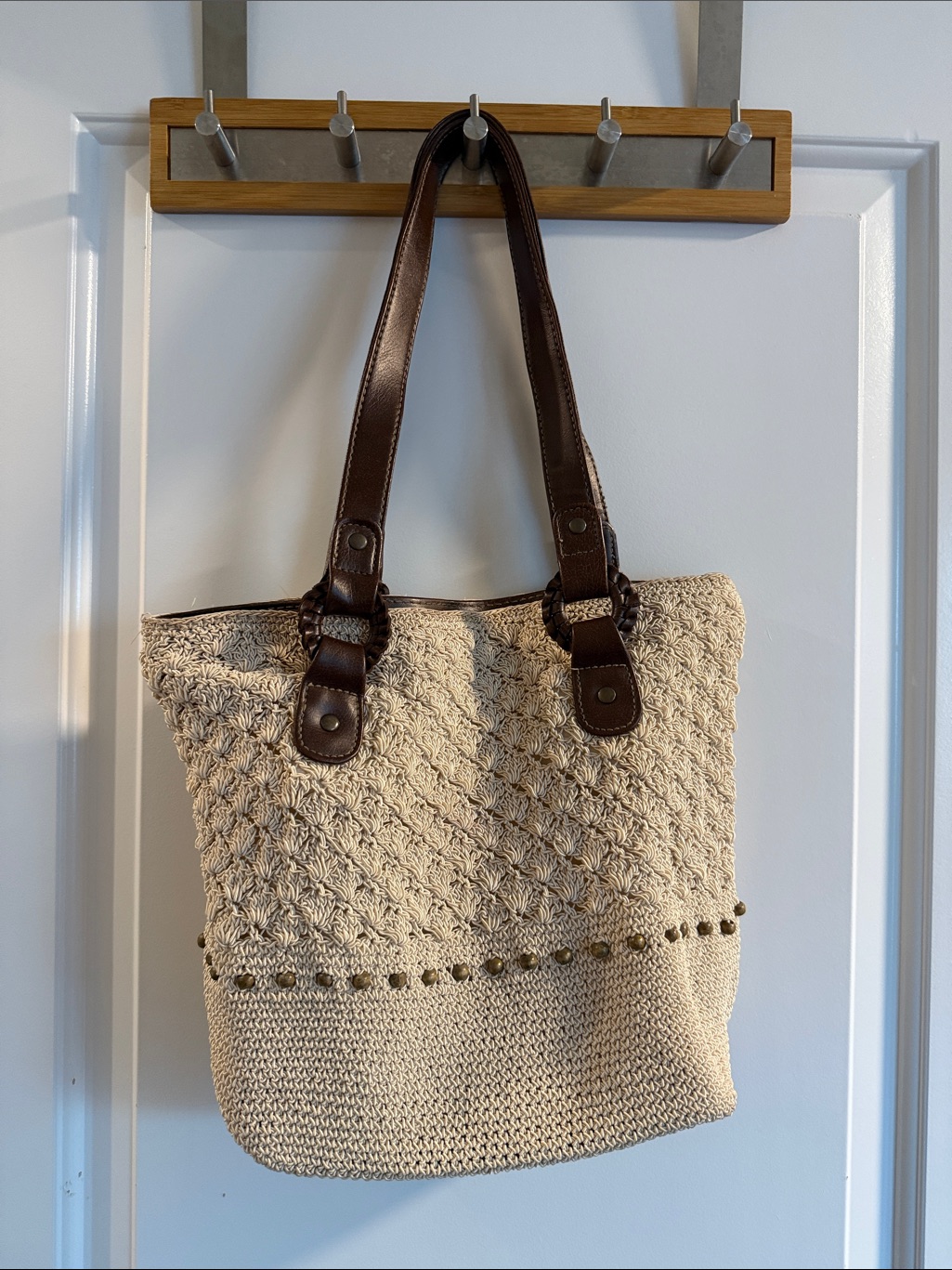 5 For 25 Bundle Woven Cream Tote Bag With Brown Leather Straps